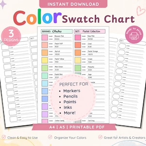 May include: A printable colour swatch chart document featuring three designs for organising art supplies. The central page displays a table with columns for brand, set, name, and code, including colour samples and text like Ohuhu and Pastel Collection.