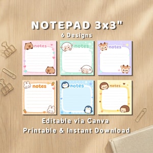 May include: Six square 3x3 inch notepad designs featuring cartoon animals including a capybara, sheep, deer, rabbit, penguin, and hedgehog. Each notepad has a white lined writing area, the word notes, and colorful borders with small icons.