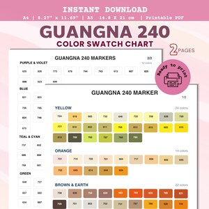 Guangna 240 Color Swatch Chart Printable PDF, Blank Marker Chart, A4 A5, Digital Download