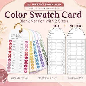 Op de afbeelding: Kleurstaalkaart met lege ruimtes en kleurstalen. De kaart bevat een ring met kleurstalen in verschillende kleuren, met hartvormige kleurstalen. De tekst op de kaart luidt "Color Swatch Card" en "Blank Version with 2 Sizes."