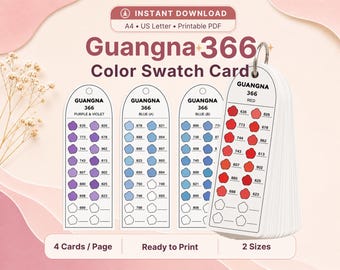 Tarjeta de muestras de marcadores GUANGNA 366, PDF imprimible, tabla de colores, tamaño A4 (carta estadounidense) para descarga digital.