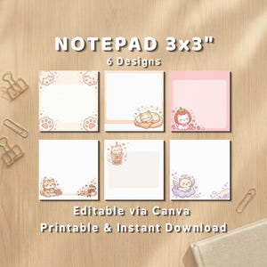 Bloc-notes chat kawaii 3 x 3 po. Modèle modifiable imprimable Bloc-notes Canva Mini Notes en téléchargement numérique