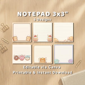 Kawaii Bäckerei Notizblock 3x3 "Druckbare bearbeitbare Vorlage Canva Memo Pad Mini Notizen Digitaler Download