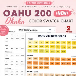 Può includere: Una tabella di campioni di colore stampabile Ohuhu Oahu 200 con due pagine di codici colore organizzati. Il documento include sezioni per toni gialli, arancioni, marroni, terra, blu, verde acqua, ciano, verdi e neutri, in formato A4 21 per 29,7 cm.