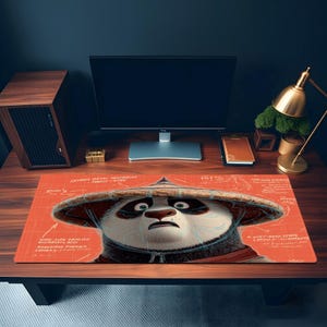 May include: An orange rectangular mouse mat with an illustration of Po, the Kung Fu Panda character, wearing a straw hat. The design includes blueprint-style text and lines. The mouse mat is on a wooden desk.