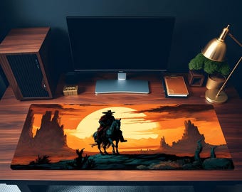 Wild West Cowboy Sunset Desk Mat - Western Outlaw Red Dead Gaming Mouse Pad, Large Desk Mat