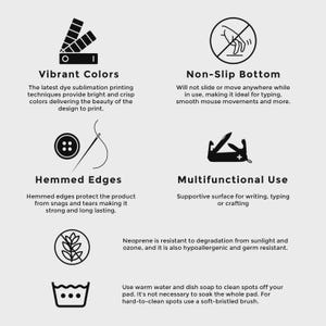 May include: Informational graphic with text describing product features. Includes icons for vibrant colors, non-slip bottom, hemmed edges, and multifunctional use. Text details dye sublimation printing, resistance to sunlight and ozone, and cleaning instructions.