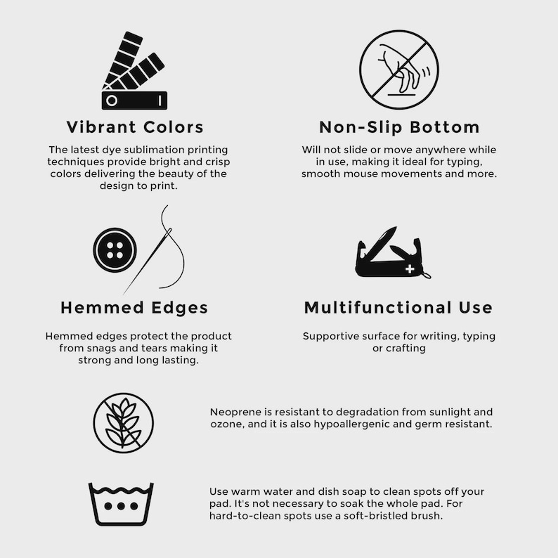 May include: Informational graphic with text describing product features. Includes icons for vibrant colors, non-slip bottom, hemmed edges, and multifunctional use. Text details dye sublimation printing, resistance to sunlight and ozone, and cleaning instructions.