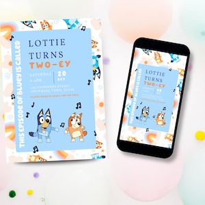May include: A birthday invitation and a smartphone showing the same design. The invitation and phone screen feature the text "Lottie Turns Two-ey" with cartoon characters and musical notes on a light blue background.