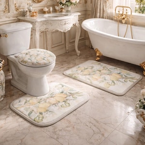 Conjunto de tapetes de banheiro Lemon Awakening em aquarela | Tapetes de flanela aconchegantes em estilo cottagecore | Conjunto de 3 peças