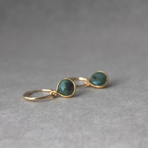Emerald Petite Drops on Gold Hoops May Birthstone