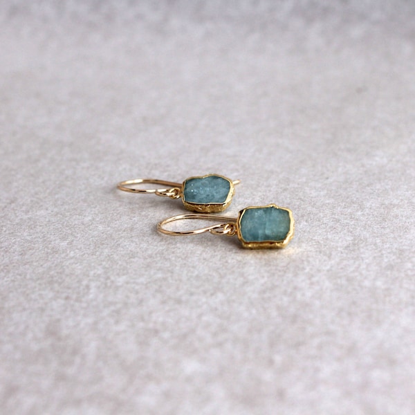 Rough Cut Aquamarine With Gold Dangles Earrings March Birthstone