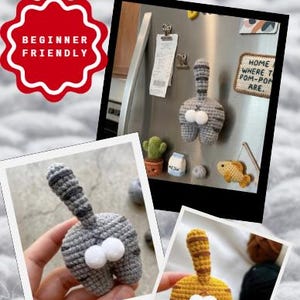 May include: Crocheted cat butt pattern. The image shows a gray and yellow crocheted cat butt with white fluffy balls. The text says "Beginner Friendly" and "This lucky talisman will bring you fun and joy everyday".
