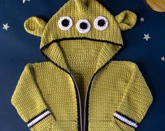 Crochet Alien Hoodie Pattern PDF, Kids Costume Zip-Up Jacket (Intermediate)
