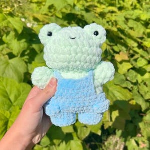 May include: A handmade crochet frog plushie in shades of green and blue. The frog has black safety eyes and is wearing blue overalls. The plushie is soft and cuddly, perfect for a child's toy or nursery decor.