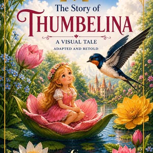 Puede incluir: Una portada de libro titulada The Story of Thumbelina: A Visual Tale Adapted and Retold, Classics Collection Vol. 7. Muestra a un personaje rubio con vestido rosa sentado sobre un gran pétalo de loto rosa, con una golondrina y un castillo.
