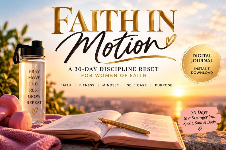 May include: A digital journal titled Faith in Motion, A 30-Day Discipline Reset for Women of Faith, featuring a clear water bottle with text, pink dumbbells, an open book, and a gold pen against a sunset background with text overlays.