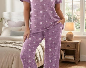 Capri Women's pajama set with V-neck short sleeved top and cropped pants pajama set with pockets