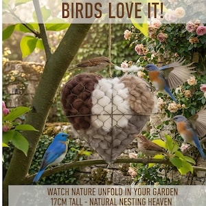 May include: A heart-shaped bird nesting house made of wire and natural materials, with brown, white, and gray sections. Several bluebirds and smaller brown birds are perched on branches near the nest. The text "BIRDS LOVE IT!" is at the top.