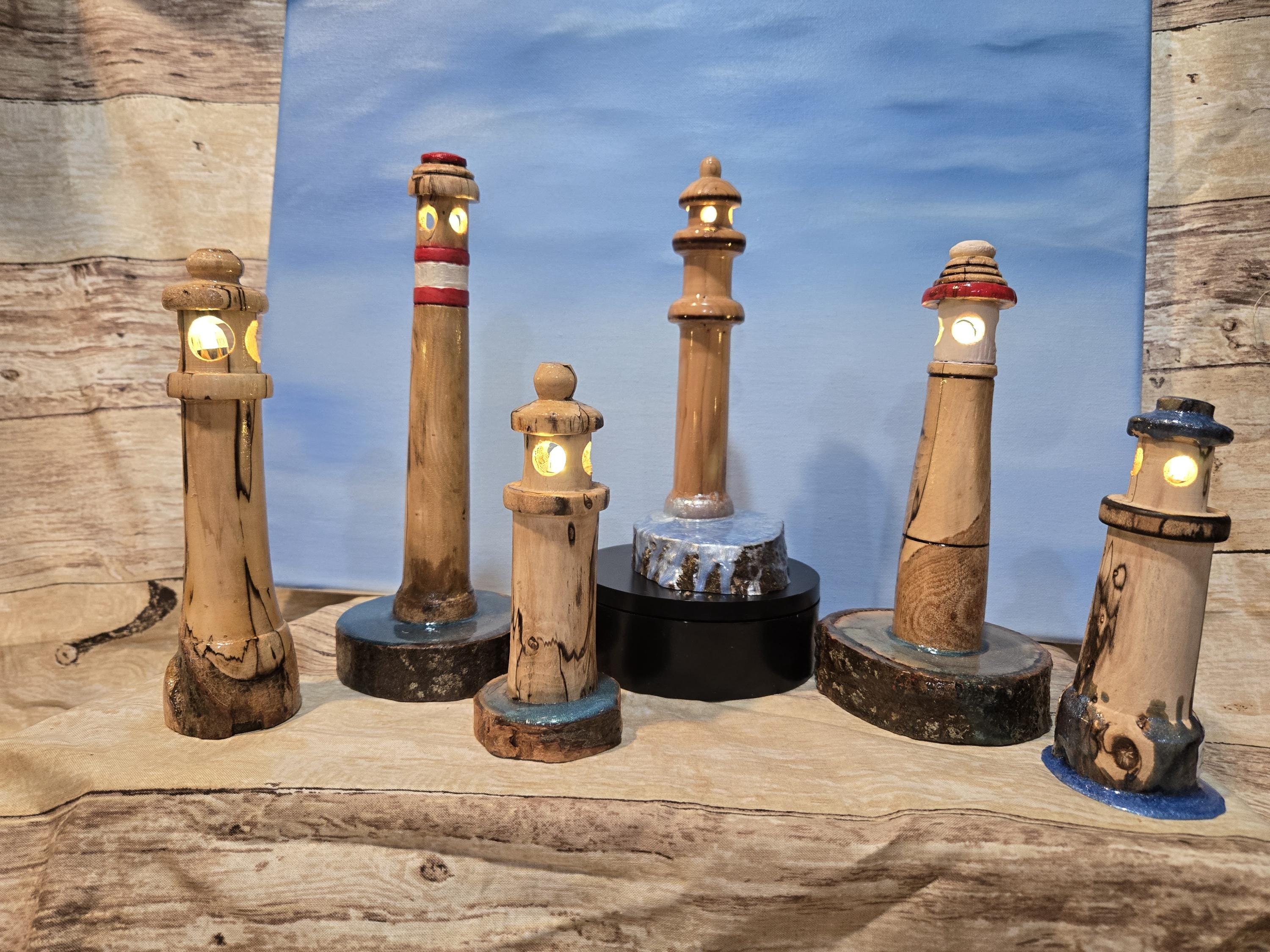 Wooden Lighthouse with Light and resin "water"