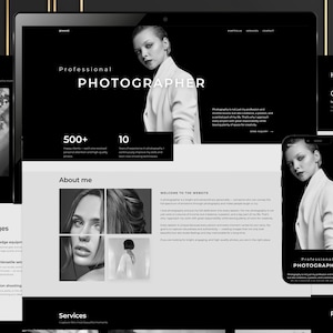 Könnte beinhalten: Webdesign für einen professionellen Fotografen, angezeigt auf einem Laptop und Smartphone. Das Design verfügt über ein Schwarz-Weiß-Farbschema mit dem Text "Professional Photographer". Die Website zeigt Portfolio-Bilder und Service-Informationen.