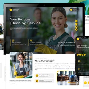 Könnte beinhalten: Ein digitales Display, das eine Website für einen Reinigungsservice zeigt. Die Website zeigt Bilder von Reinigungspersonal, Servicedetails und Kundenzufriedenheitsmetriken. Der Text lautet "Your Reliable Cleaning Service."