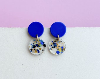 Round GLITTER CONFETTI statement earrings - blue/black/golden - gifts for her