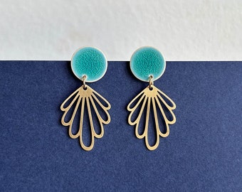 Earrings *Art Deco fans* - turquoise blue/golden - gifts for her/him