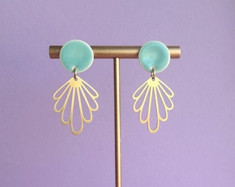 Earrings *Art Deco Fan* - light blue/gold - UNIQUE - Gifts for her/him