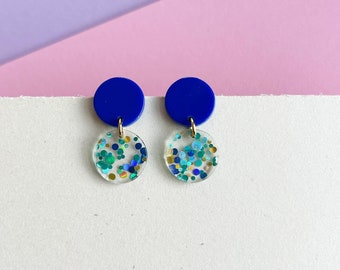 Round GLITTER CONFETTI statement earrings - blue/green turquoise/golden - gifts for her