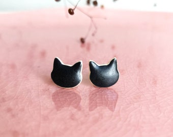 Cat studs * BLACK CAT * mat black ceramic & surgical steel - gifts for her