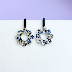 Large floral statement earrings GLITTER CONFETTI black/blue/golden gifts for her image 1