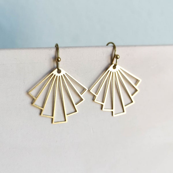 ART DECO Earrings * Geometric Fan * golden Brass - Gifts for Her