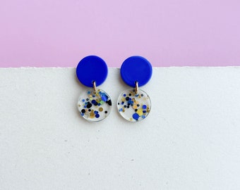 Round GLITTER CONFETTI statement earrings - blue/black/golden - gifts for her