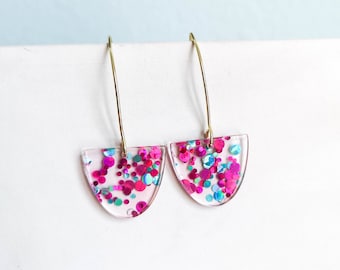 Long Statement Earrings - GLITTER CONFETTI - Acrylic & Brass - Gifts for Her