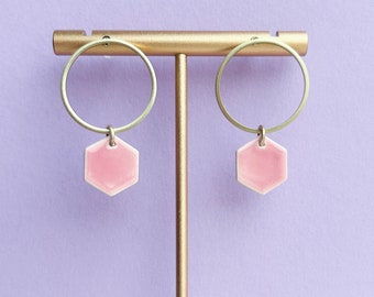 Geometric stud earrings - *CIRCLE and HEXAGON* - Ceramic & Brass - LIGHT PINK - Gifts for her