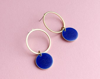 Geometric stud earrings - CIRCLE - ceramic & brass - MAURITIUS BLUE - Gifts for her