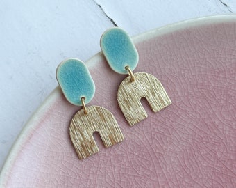 Ceramic statement earrings *BOWIE* -turquoise blue/golden - gifts for her