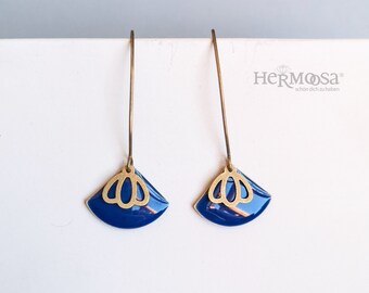 Long enamel earrings- * FAN * dark blue / bronze - brass earrings - gifts for her