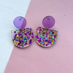 Statement earrings GLITTER CONFETTI purple magenta/ turquoise acrylic & stainless steel gifts for her image 4