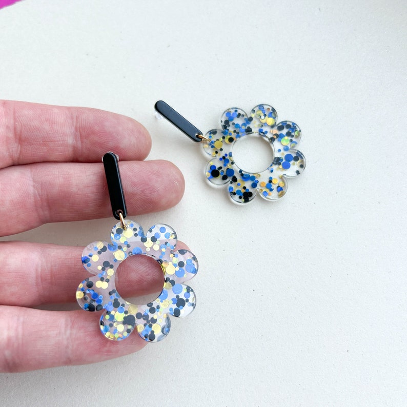 Large floral statement earrings GLITTER CONFETTI black/blue/golden gifts for her image 9