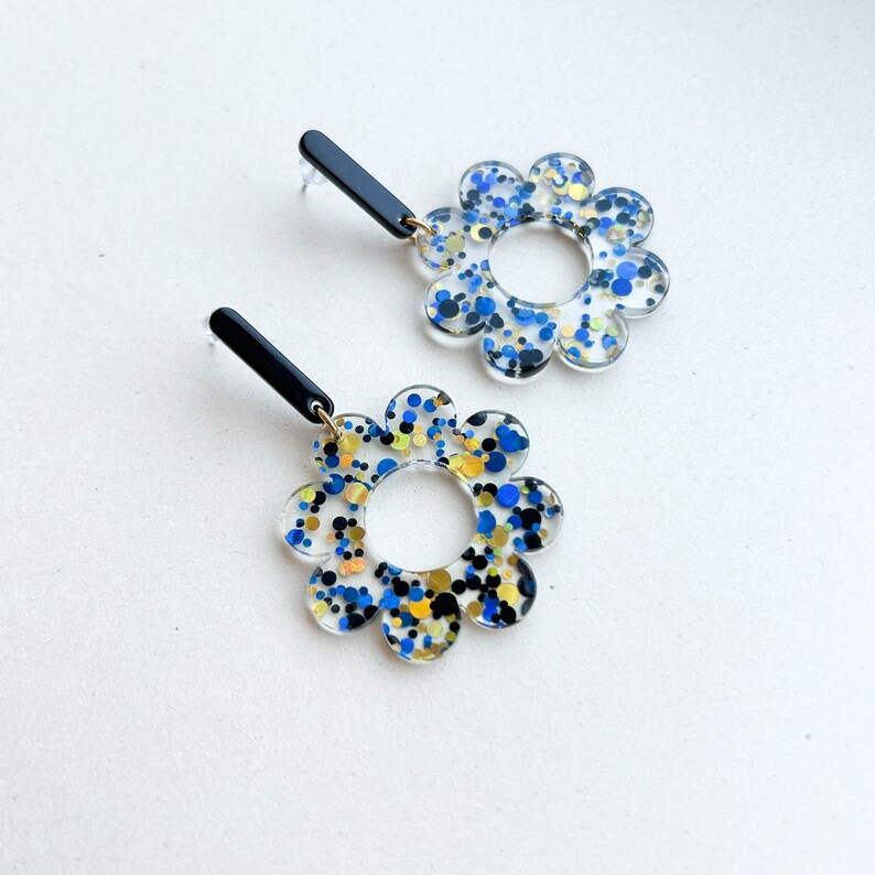 Large floral statement earrings GLITTER CONFETTI black/blue/golden gifts for her image 7