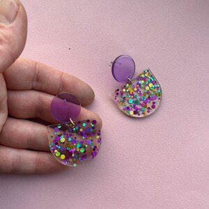 Statement earrings GLITTER CONFETTI purple magenta/ turquoise acrylic & stainless steel gifts for her image 7