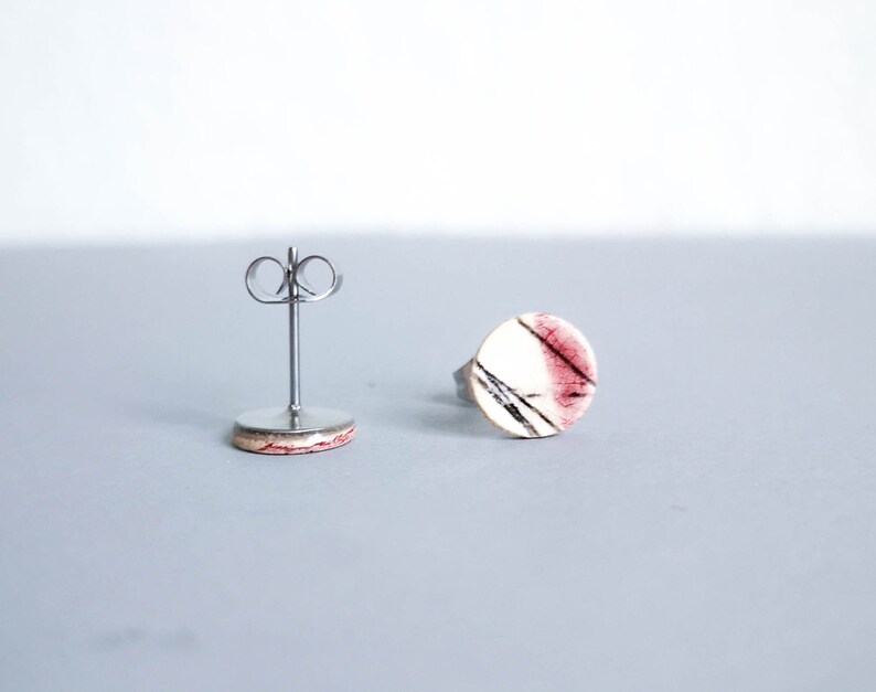 Ceramic Stud Earrings LINES 8mm Ceramic / Surgical Steel Pink White Graphic Stud Earrings Minimalist / Gifts for Her image 7