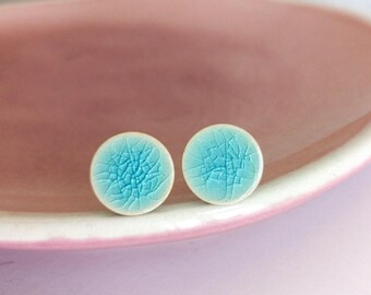 Ceramic stud earrings *LIGHT TURQUOISE* 10 mm diameter - surgical steel - Gifts for her