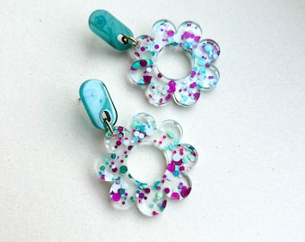 Large Flower Statement Earrings - GLITTER CONFETTI - Gifts for Her