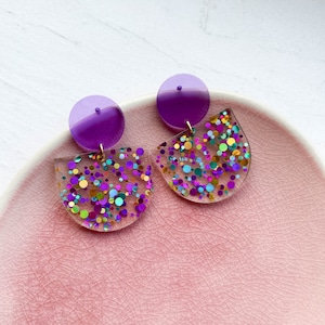Statement earrings GLITTER CONFETTI purple magenta/ turquoise acrylic & stainless steel gifts for her image 9