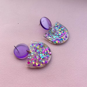 Statement earrings GLITTER CONFETTI purple magenta/ turquoise acrylic & stainless steel gifts for her image 5