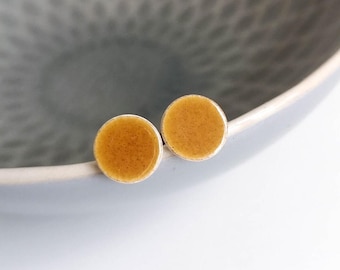 Small Stud Earrings * MUSTARD YELLOW * 8mm Ceramic & Surgical Steel - Gifts for Her