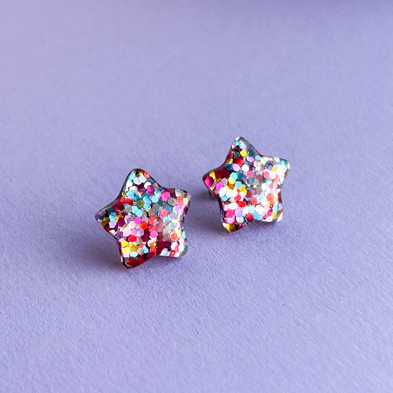 Stud earrings GLITTER STAR gift for him/her image 1